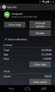 Clear Android Hangouts data and cache